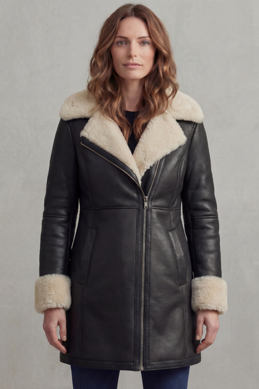 Elisara – Shearling collar – Leather winter coat