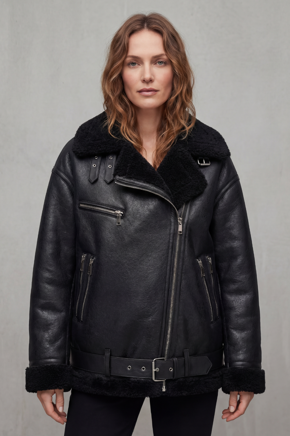 Rouxvelle – Belted shearling trim – Aviator coat