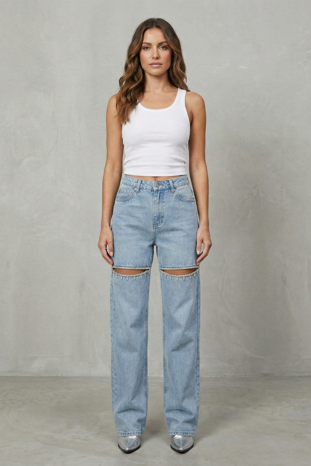 Velmoura – Crystal cut detail – Wide leg jeans