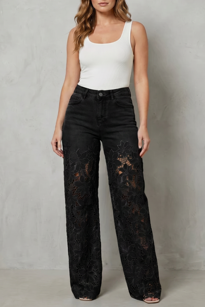 Solérine – Floral lace overlay – Wide-leg denim jeans