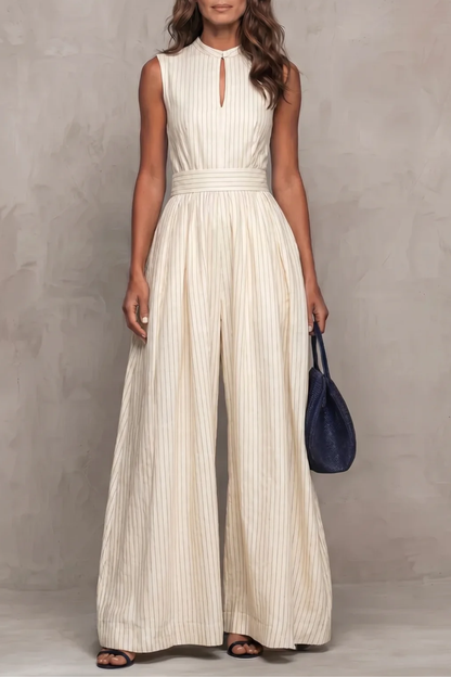 Seravelle – Striped elegant keyhole – Wide leg jumpsuit