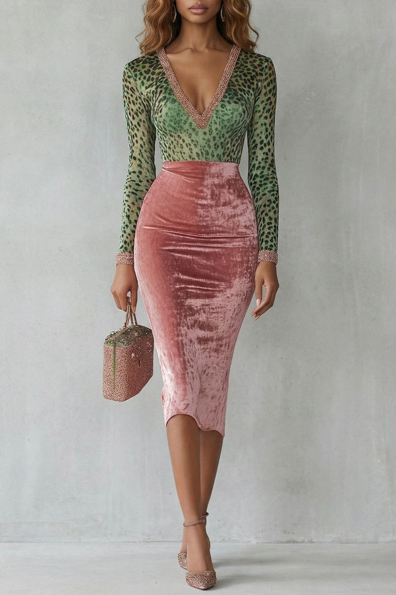 Virelline – Leopard velvet contrast – Bodycon midi dress