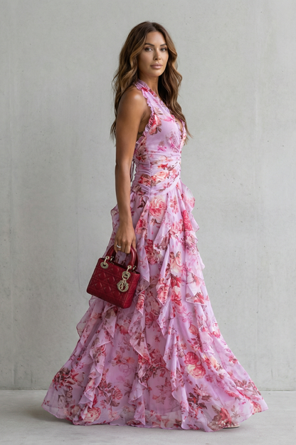 Belladina – Romantic rose cascade – Halter maxi dress