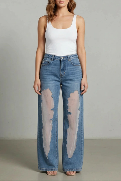 Lunetta – Vintage mesh patchwork – Wide-leg jeans