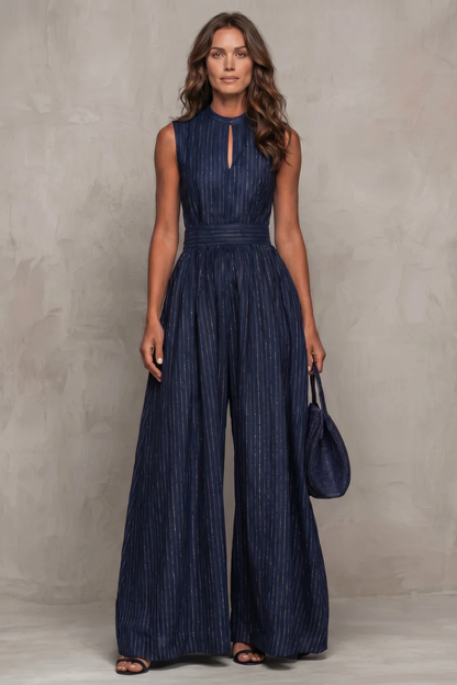 Seravelle – Striped elegant keyhole – Wide leg jumpsuit