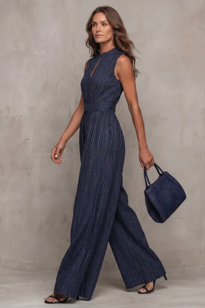 Seravelle – Striped elegant keyhole – Wide leg jumpsuit