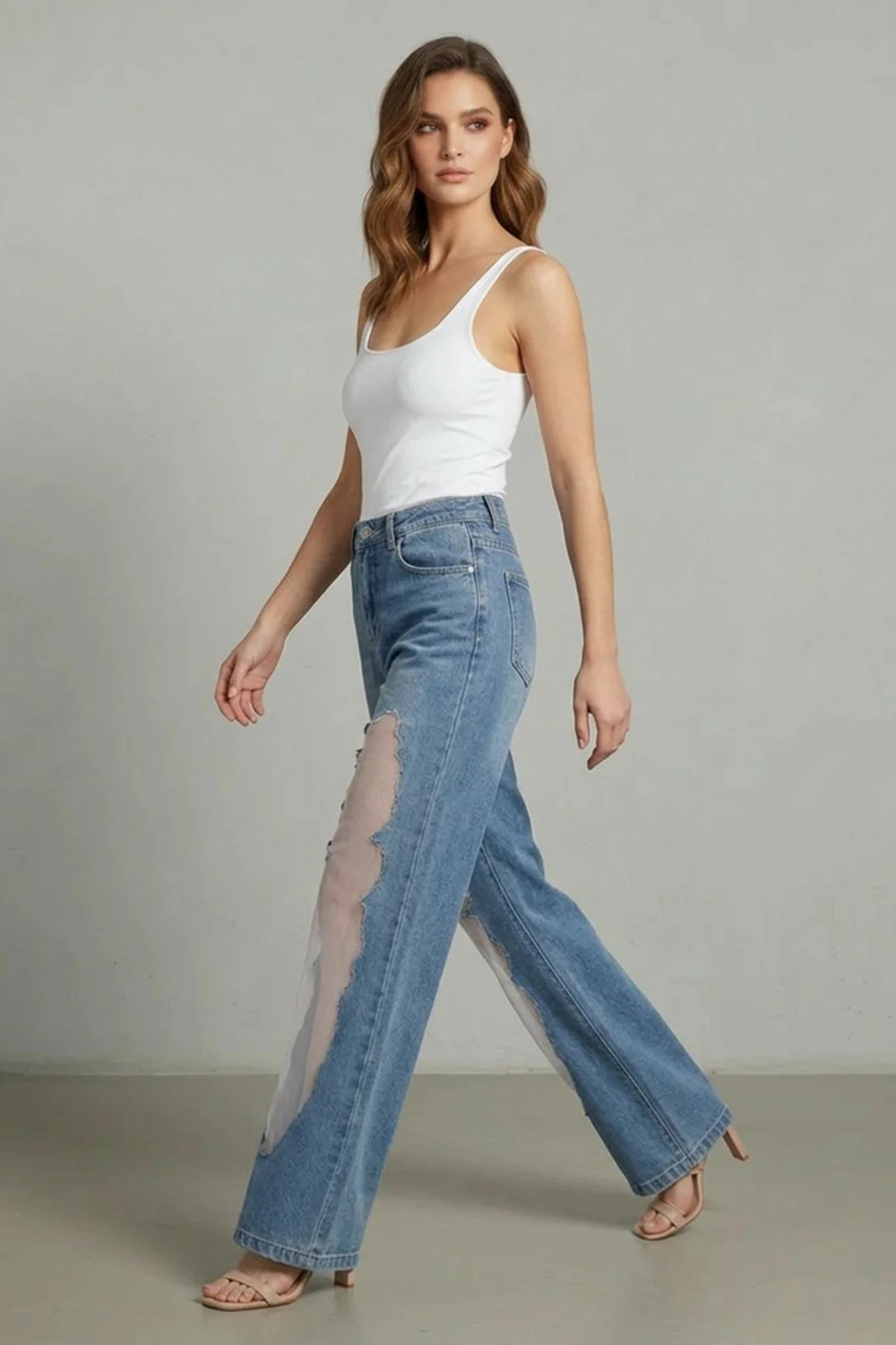 Lunetta – Vintage mesh patchwork – Wide-leg jeans