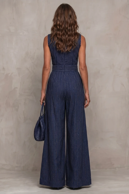 Seravelle – Striped elegant keyhole – Wide leg jumpsuit