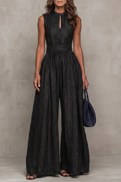 Seravelle – Striped elegant keyhole – Wide leg jumpsuit