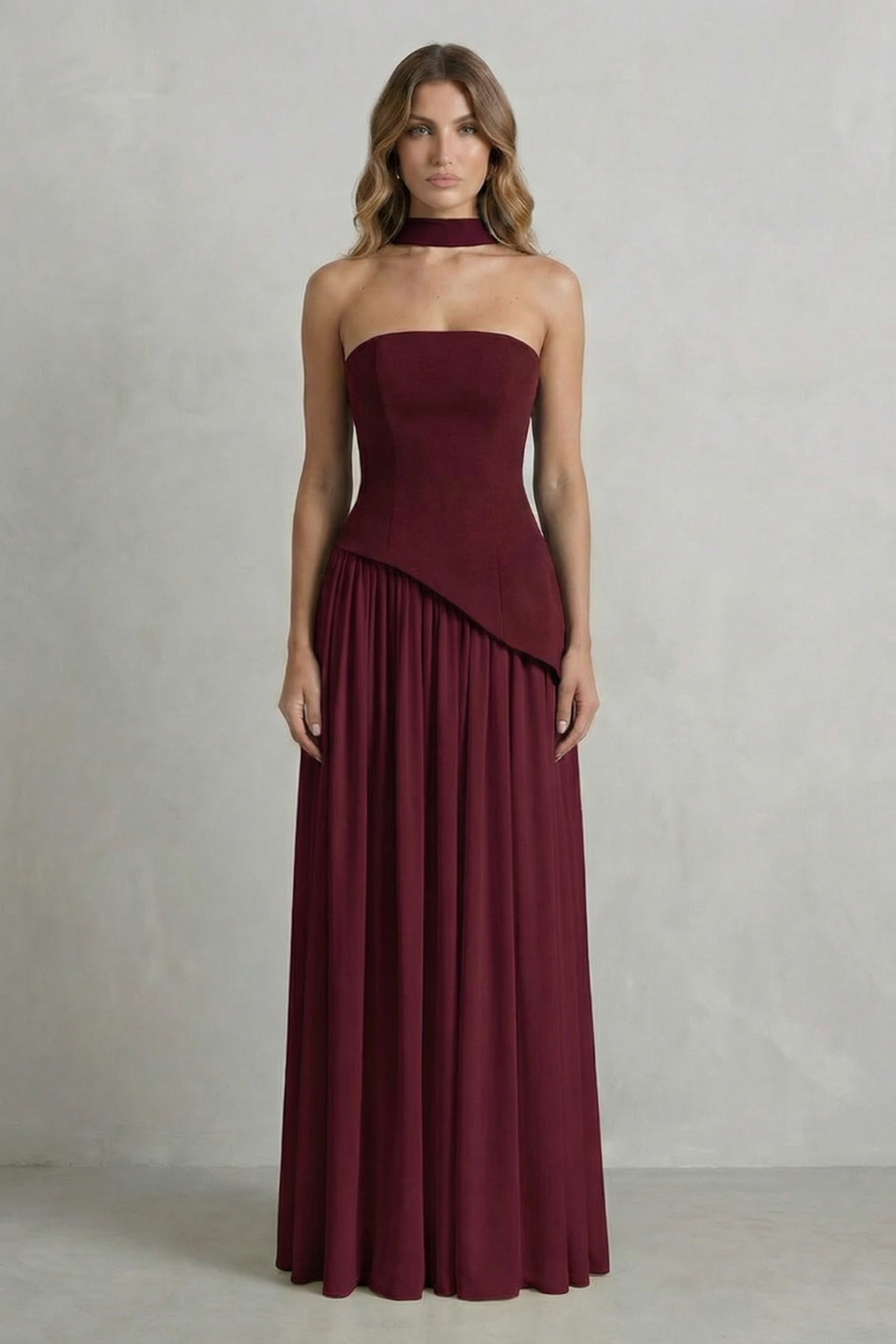 Celestara – Sculpted draped slit – Strapless maxi dress