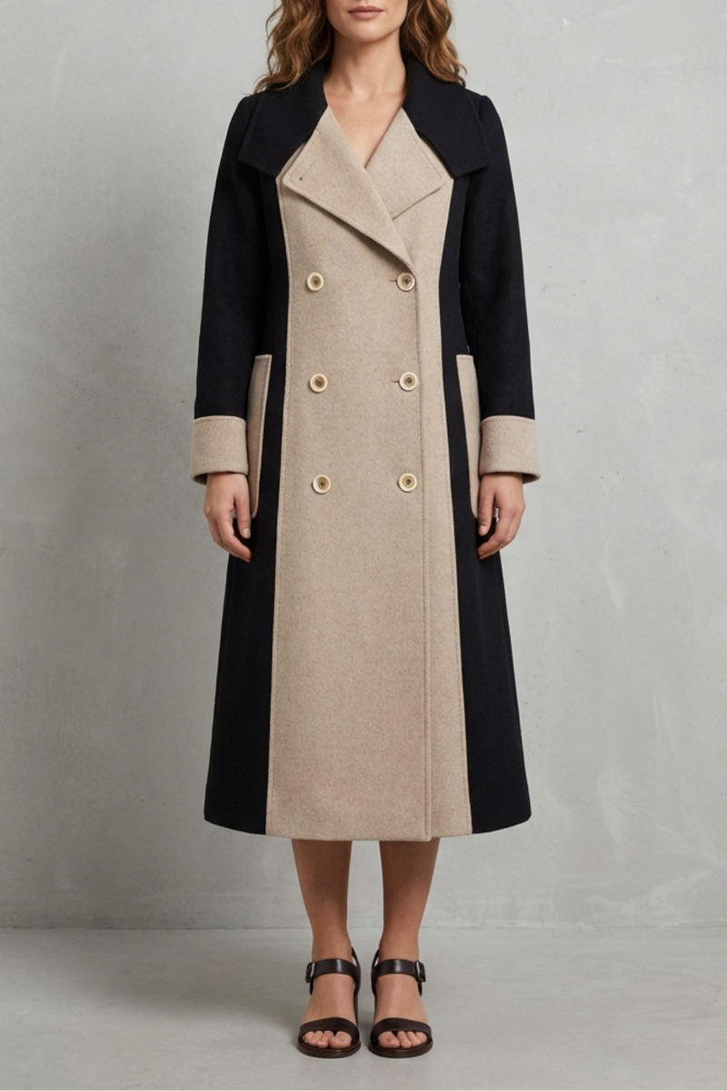 Clara – Contrast Color Wool Coat – Hepburn Style Elegant Overcoat