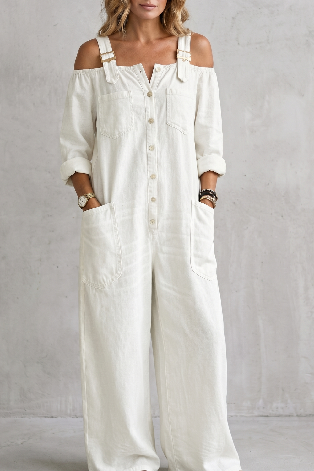 Denimora – Off-shoulder utility charm – Wide-leg overalls
