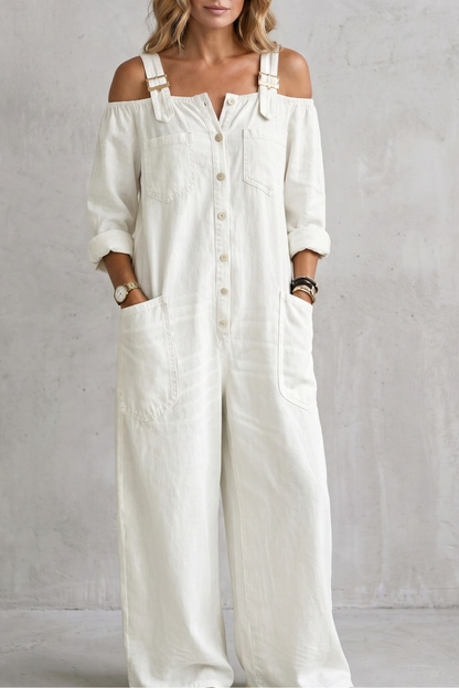 Denimora – Off-shoulder utility charm – Wide-leg overalls