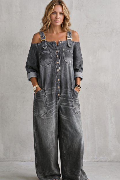 Denimora – Off-shoulder utility charm – Wide-leg overalls