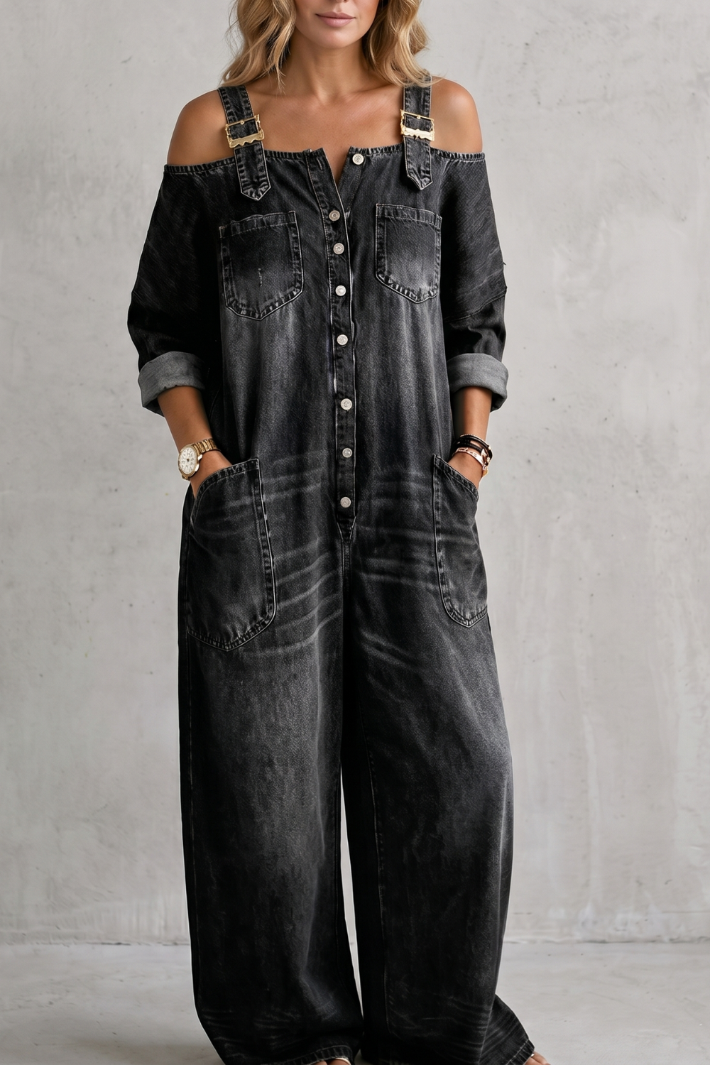 Denimora – Off-shoulder utility charm – Wide-leg overalls