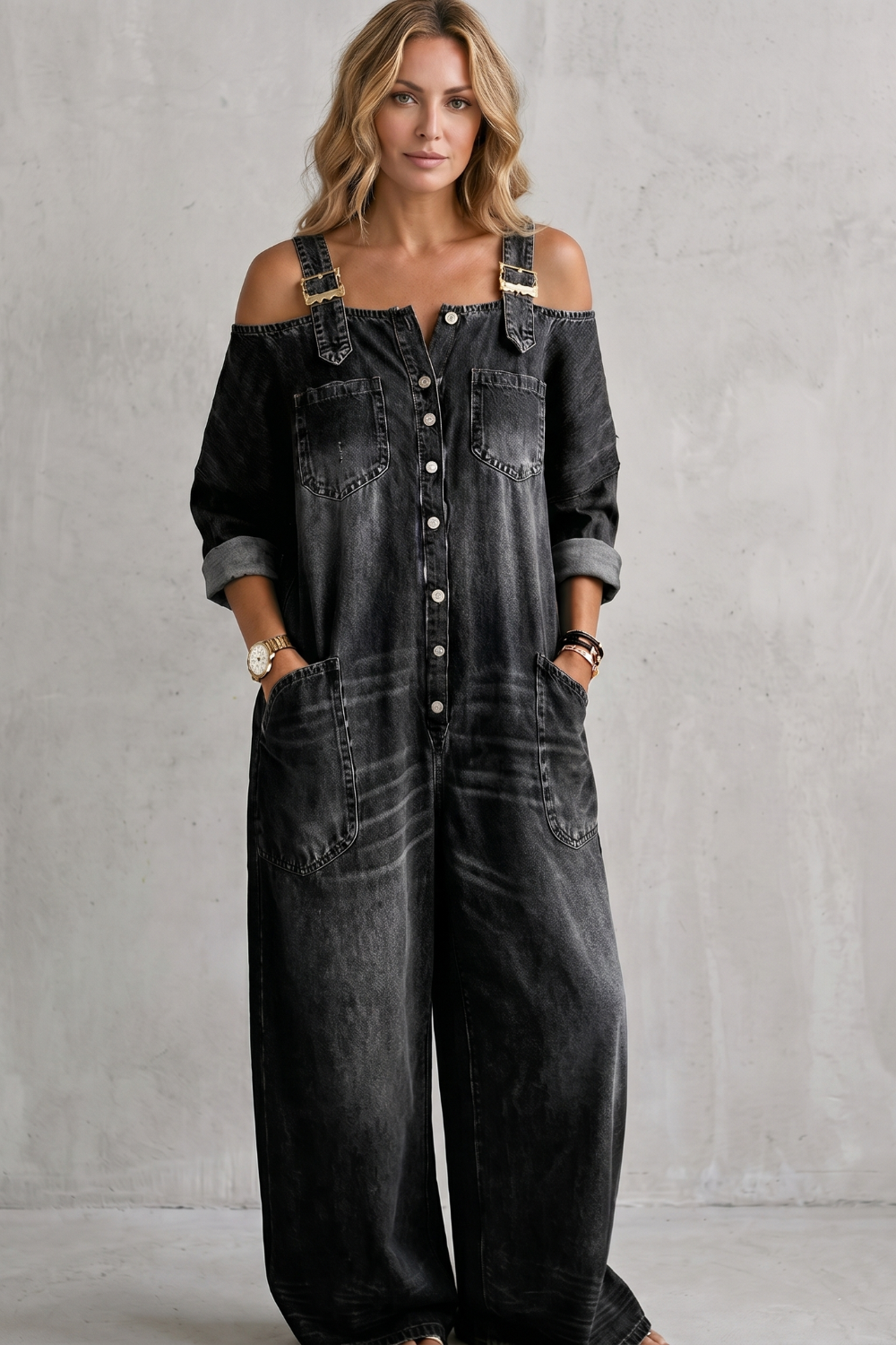 Denimora – Off-shoulder utility charm – Wide-leg overalls