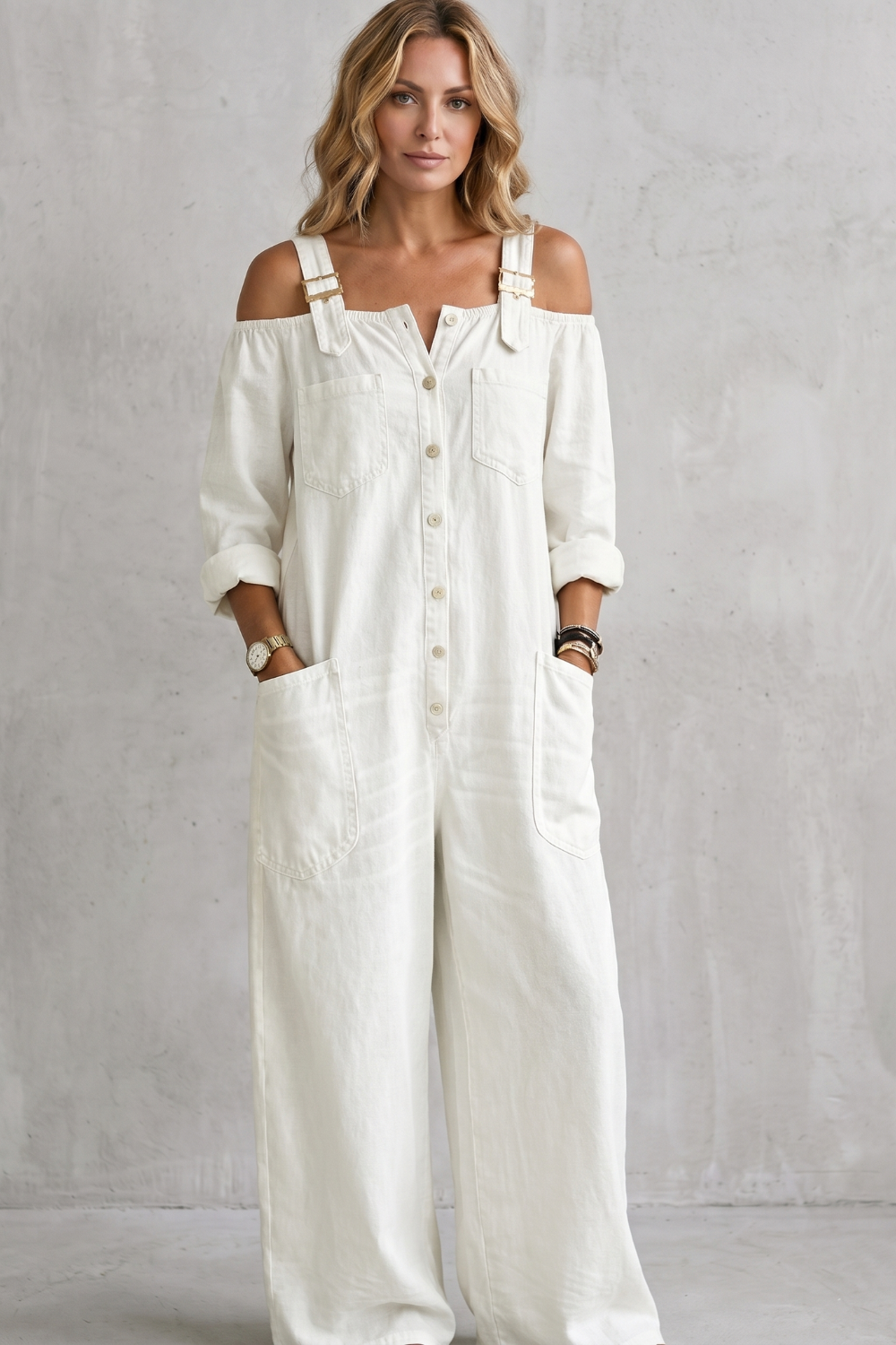 Denimora – Off-shoulder utility charm – Wide-leg overalls