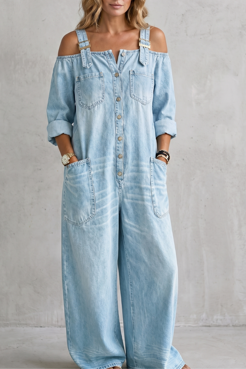 Denimora – Off-shoulder utility charm – Wide-leg overalls