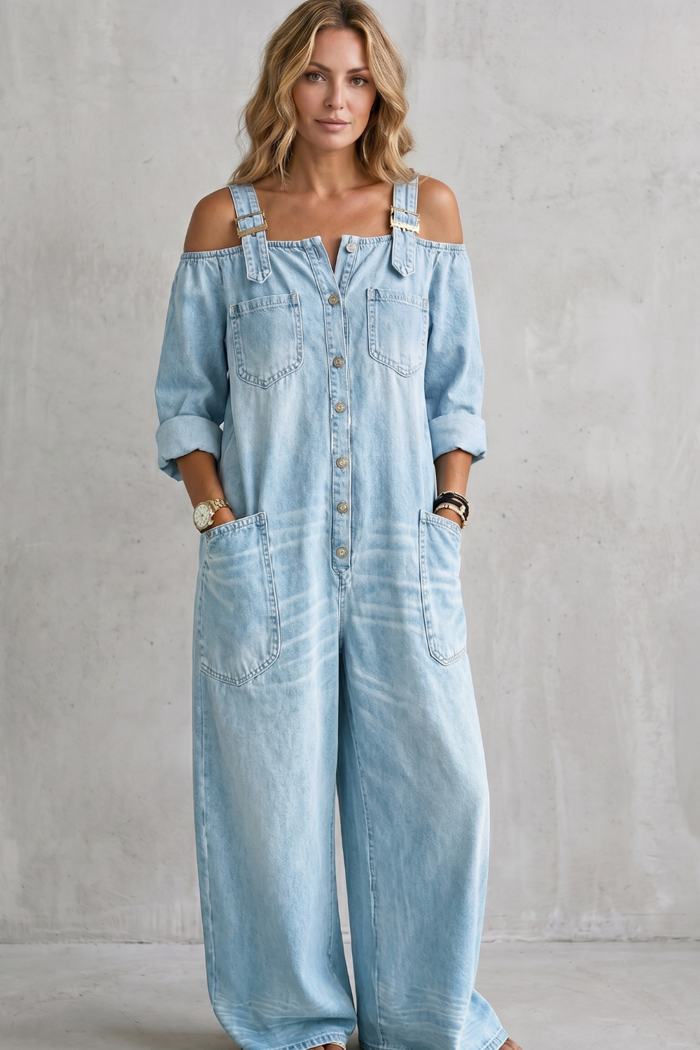 Denimora – Off-shoulder utility charm – Wide-leg overalls