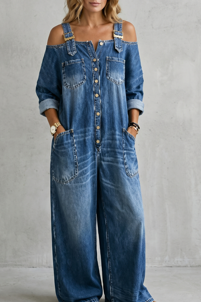 Denimora – Off-shoulder utility charm – Wide-leg overalls