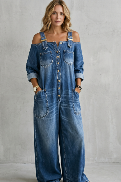 Denimora – Off-shoulder utility charm – Wide-leg overalls