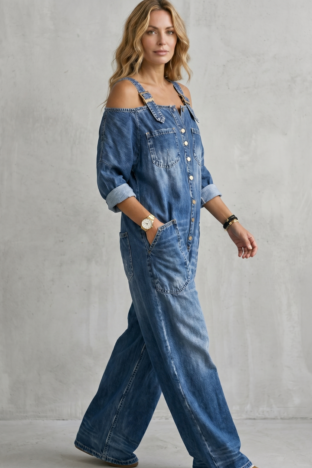 Denimora – Off-shoulder utility charm – Wide-leg overalls