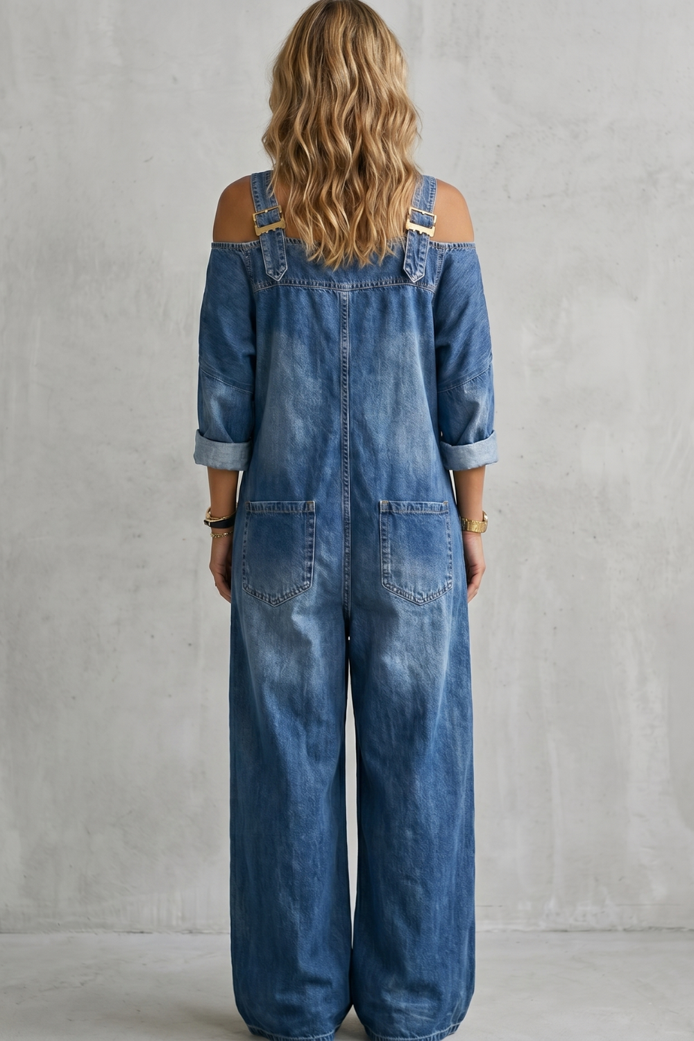 Denimora – Off-shoulder utility charm – Wide-leg overalls