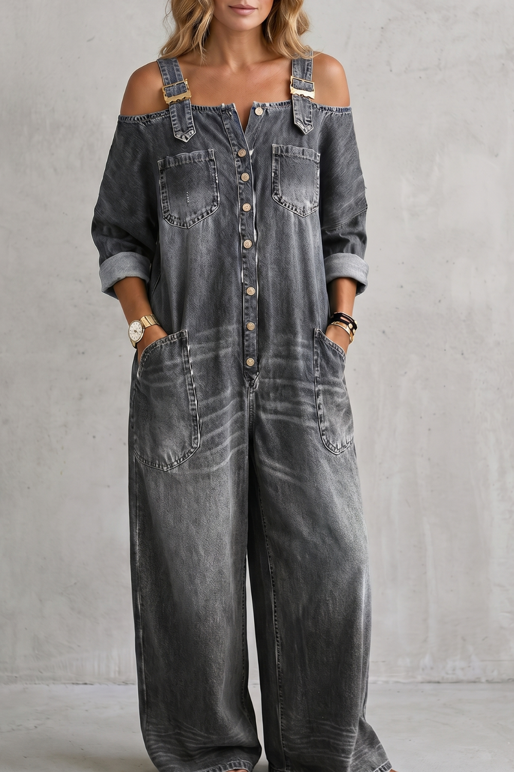 Denimora – Off-shoulder utility charm – Wide-leg overalls