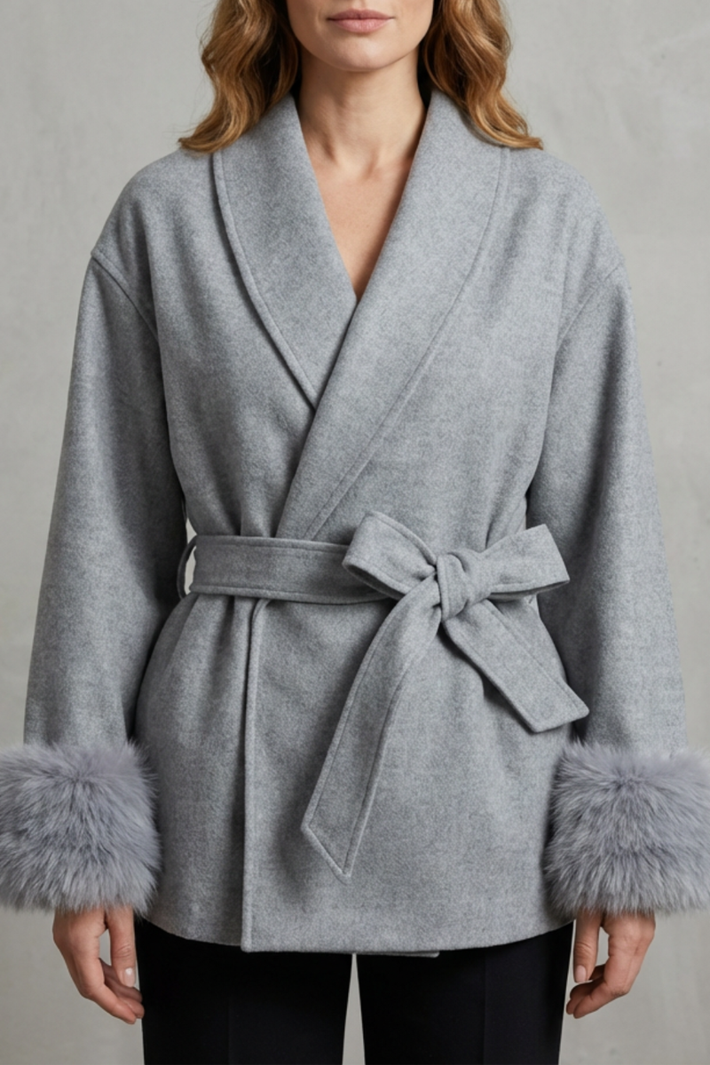 Elodie – Luxe Woolen Coat with Faux Fur Cuffs & Belted Wrap Design