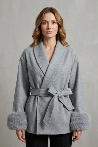 Elodie – Luxe Woolen Coat with Faux Fur Cuffs & Belted Wrap Design