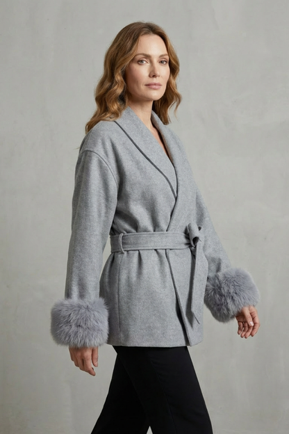 Elodie – Luxe Woolen Coat with Faux Fur Cuffs & Belted Wrap Design