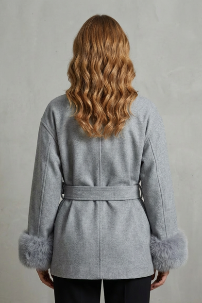 Elodie – Luxe Woolen Coat with Faux Fur Cuffs & Belted Wrap Design