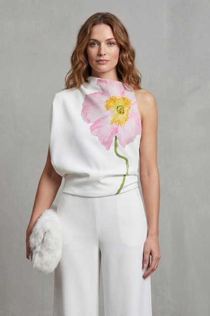 Florielle – Artistic floral print – Asymmetric sleeveless top