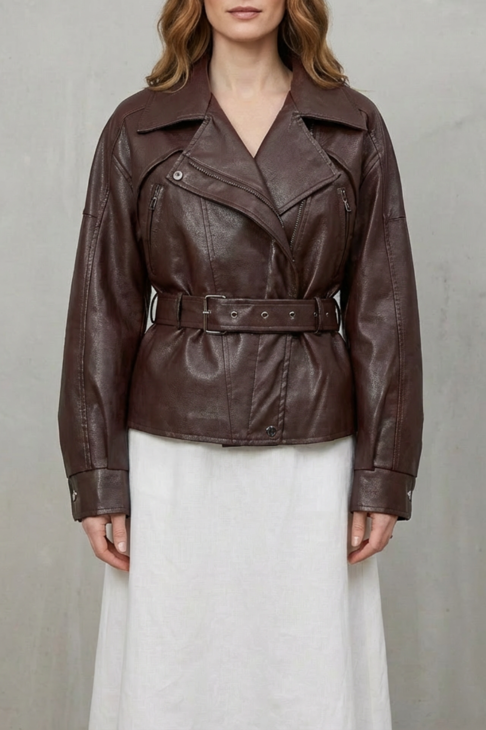 Mirella – Faux Leather Belted Blazer – Sculpted Modern Jacket