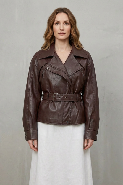 Mirella – Faux Leather Belted Blazer – Sculpted Modern Jacket