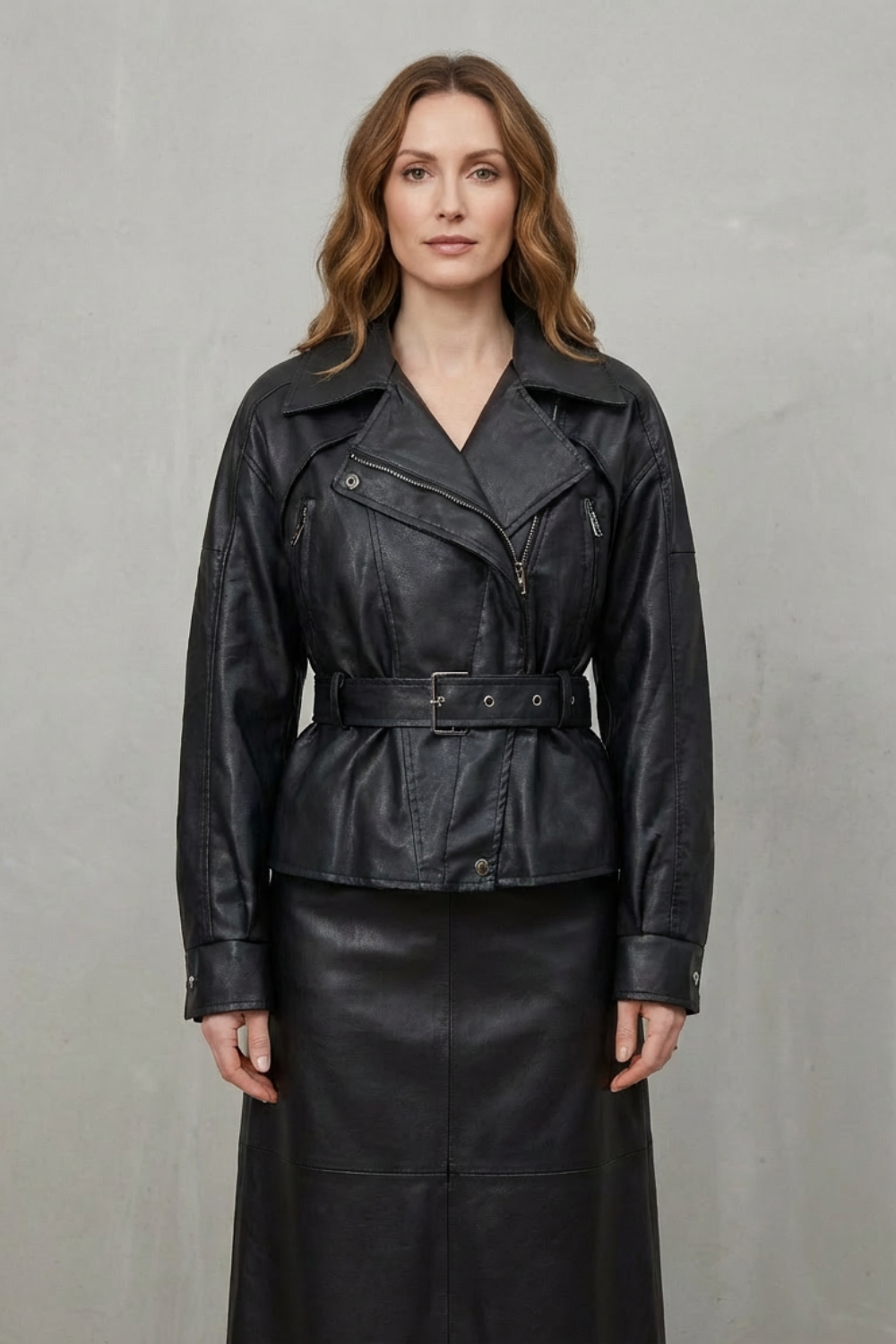Mirella – Faux Leather Belted Blazer – Sculpted Modern Jacket