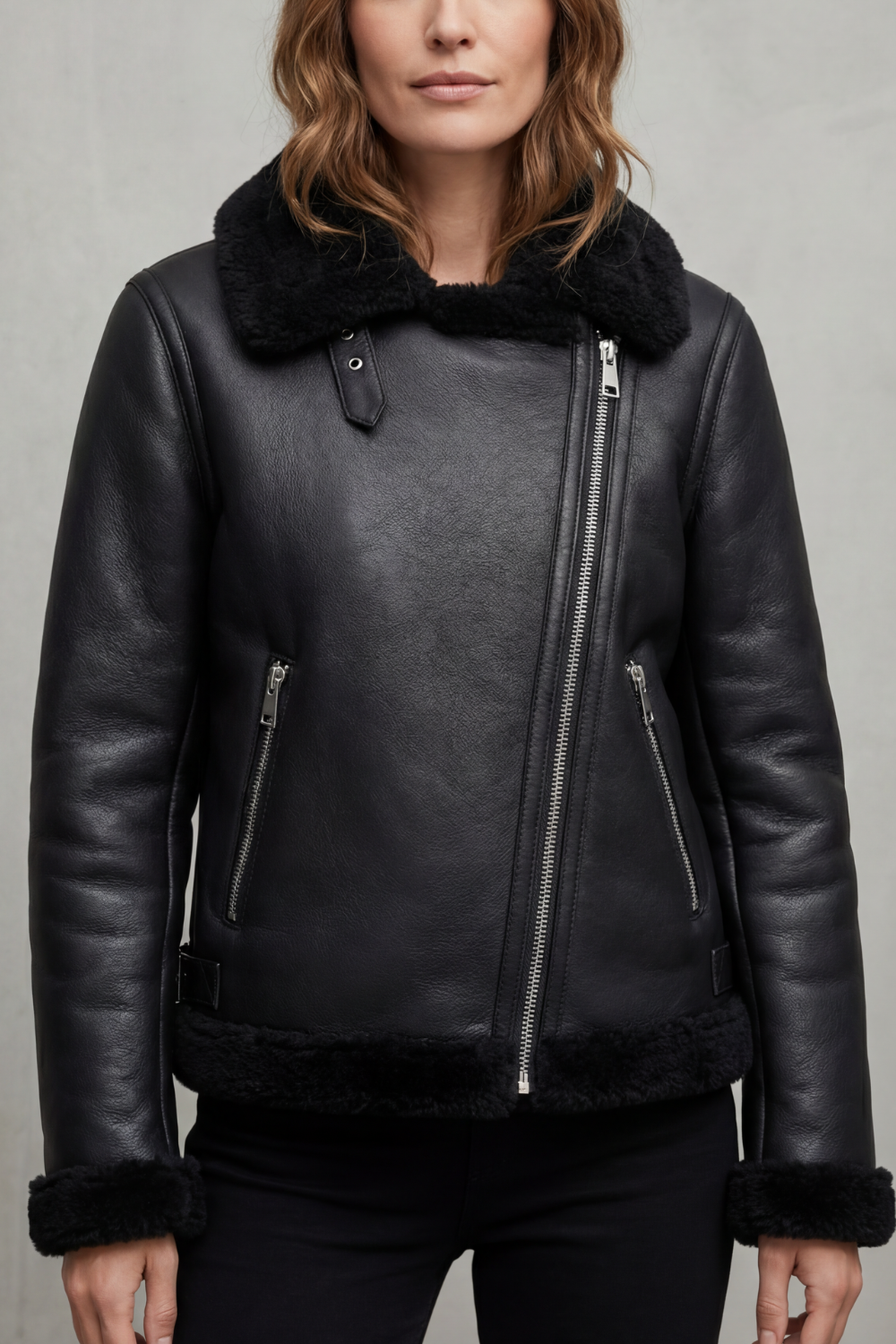 Noirellé – Asymmetric zip – Shearling biker jacket