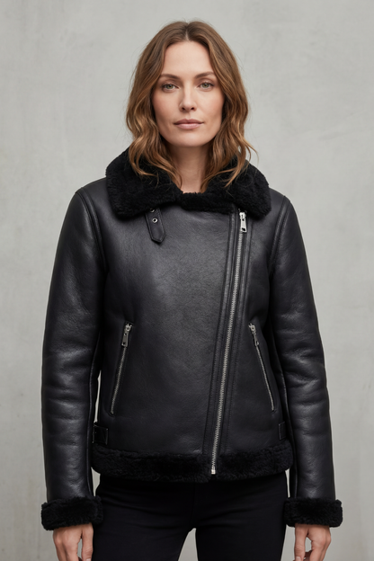 Noirellé – Asymmetric zip – Shearling biker jacket