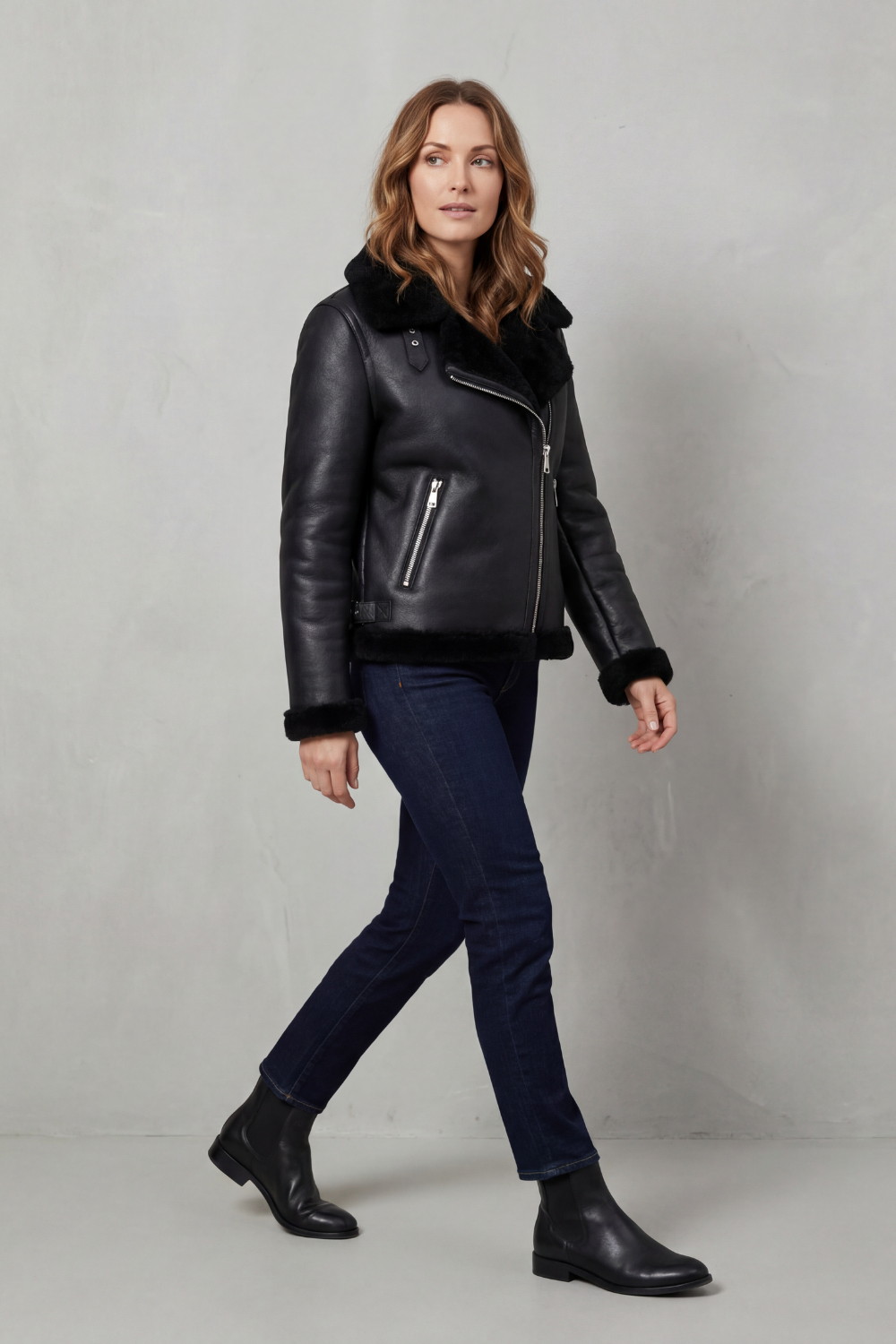 Noirellé – Asymmetric zip – Shearling biker jacket
