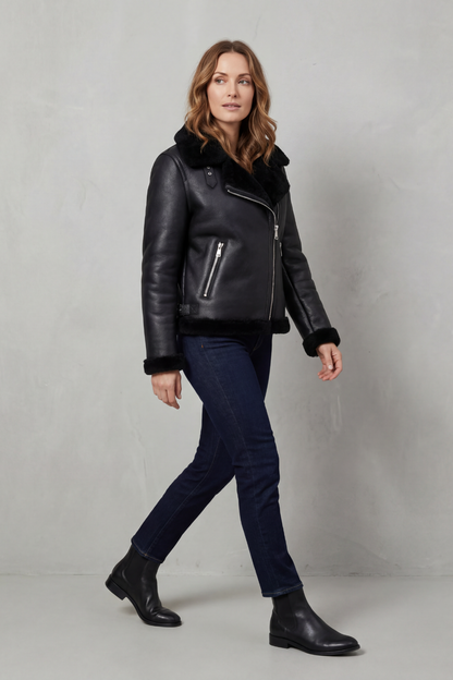 Noirellé – Asymmetric zip – Shearling biker jacket