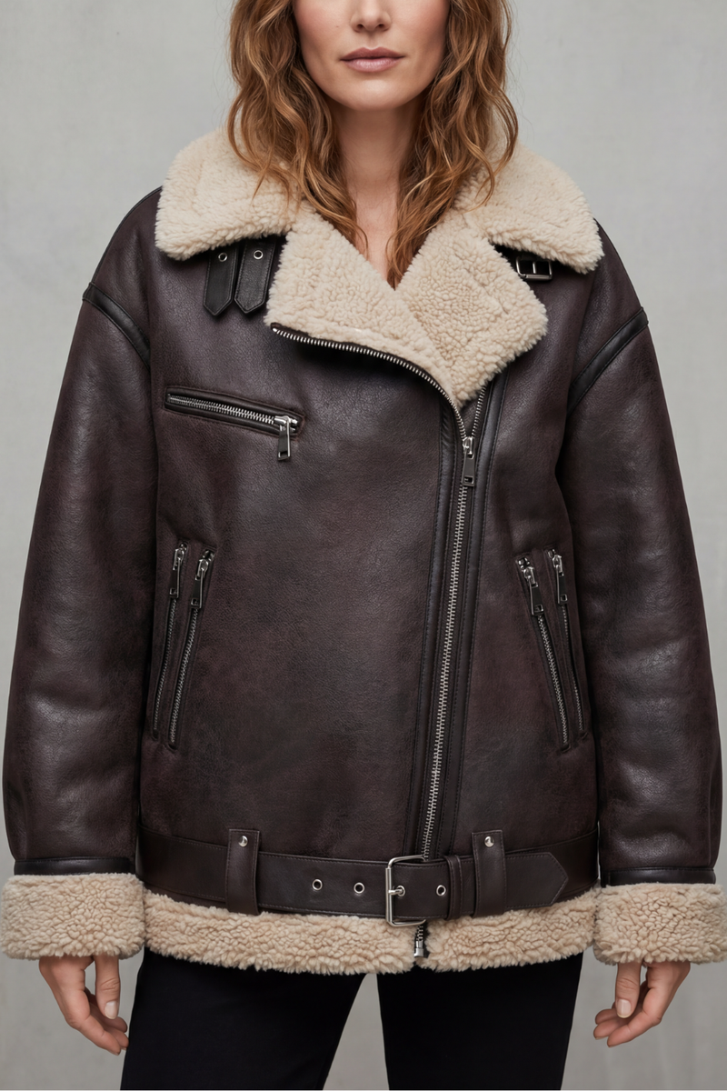 Rouxvelle – Belted shearling trim – Aviator coat
