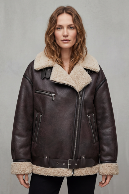 Rouxvelle – Belted shearling trim – Aviator coat