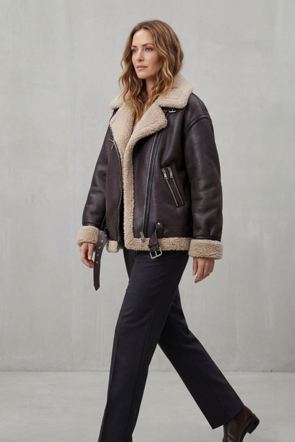 Rouxvelle – Belted shearling trim – Aviator coat