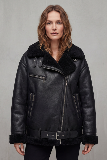 Rouxvelle – Belted shearling trim – Aviator coat