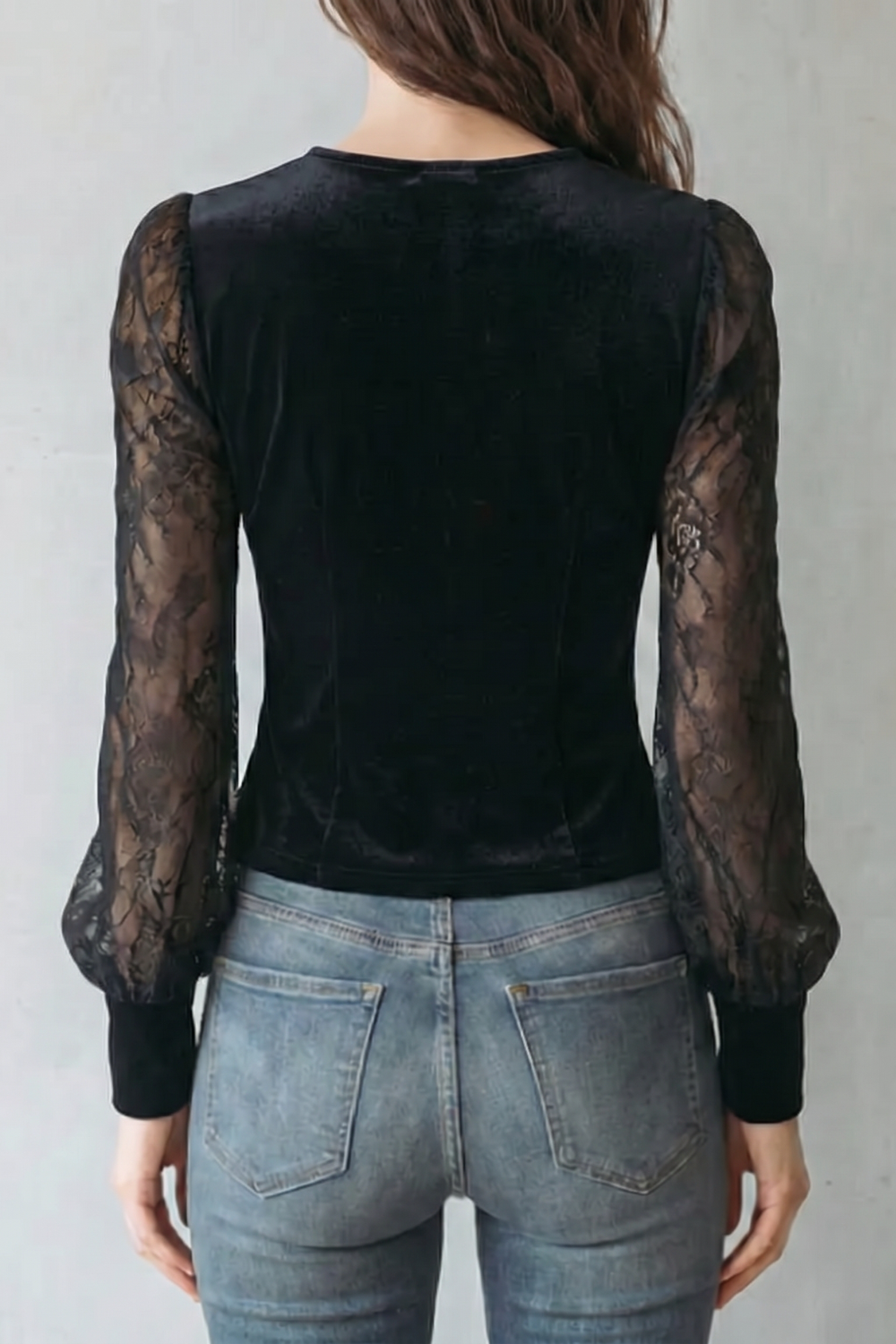 Serevine – Lace spliced elegance – Velvet fitted blouse