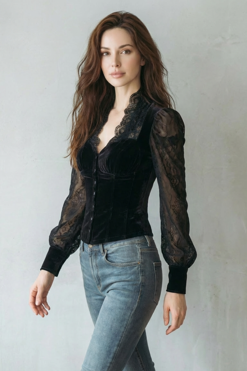 Serevine – Lace spliced elegance – Velvet fitted blouse
