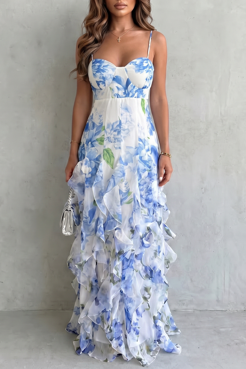 Sestina – Sheer floral cascade – Ruffled evening maxi dress