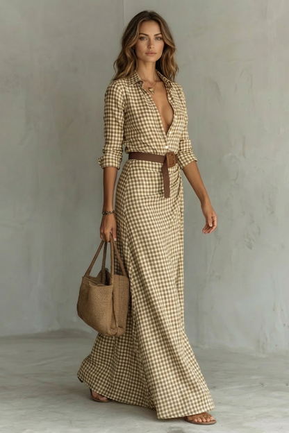 Sienna – Elegant Pleated Belted Dress – Autumn Solid Color Long Shirt Dress