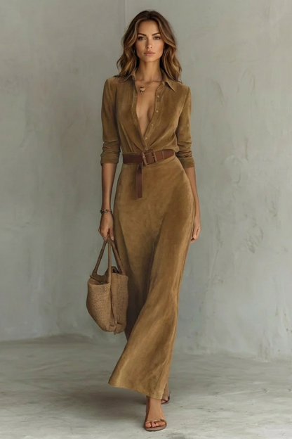 Sienna – Elegant Pleated Belted Dress – Autumn Solid Color Long Shirt Dress