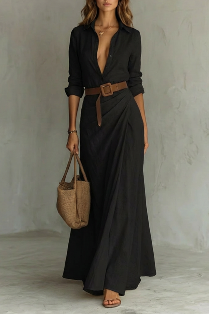 Sienna – Elegant Pleated Belted Dress – Autumn Solid Color Long Shirt Dress